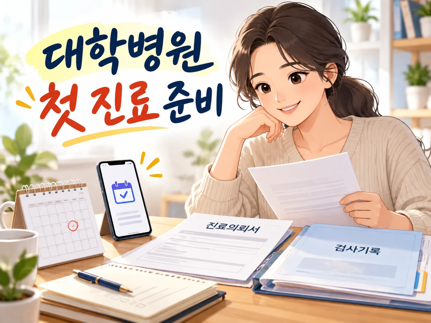 처음 상급종합병원에 방문할 환자가 예약 안내와 진료의뢰서, 검사자료를 책상 위에 놓고 준비사항을 확인하는 모습
