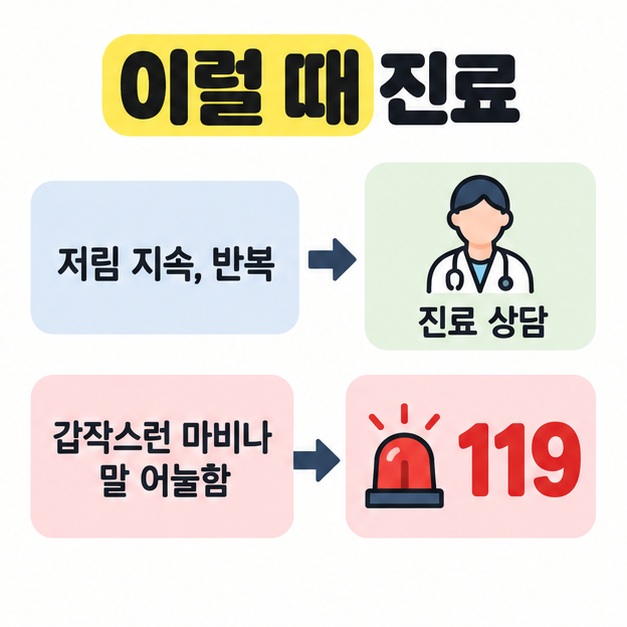 저림이 지속하거나 반복되면 진료 상담을 받고 갑작스러운 마비나 말 어눌함이 있으면 119에 연락하도록 구분한 도식