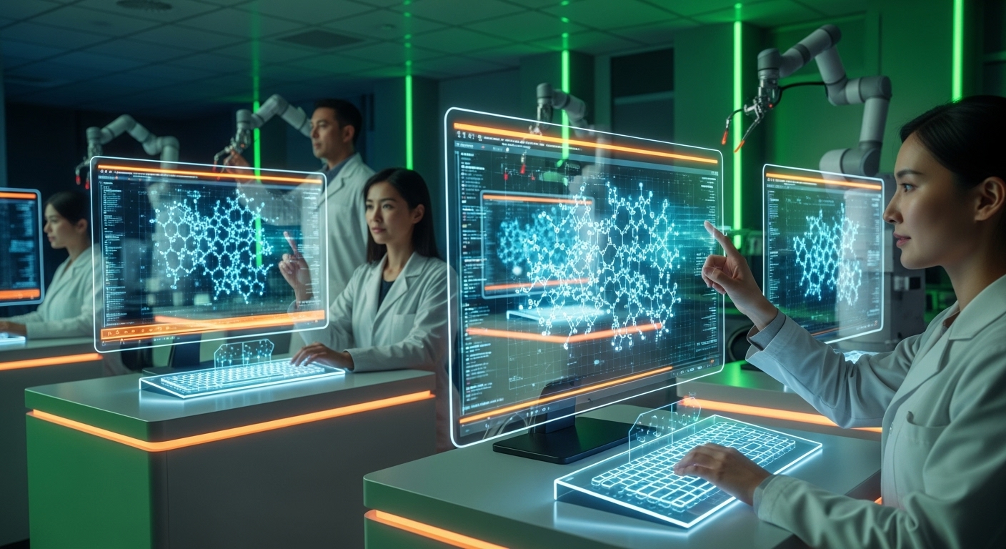 AI가 신약 개발을 가속화하며 연구자들이 분자 구조를 분석하는 첨단 연구실의 모습