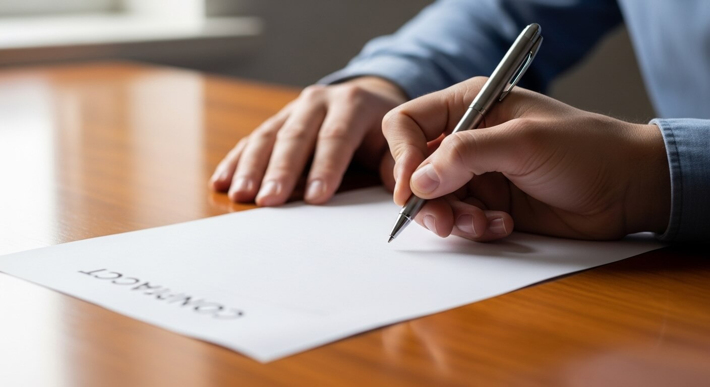 나무 책상 위에서 계약서에 서명하는 손의 근접 촬영