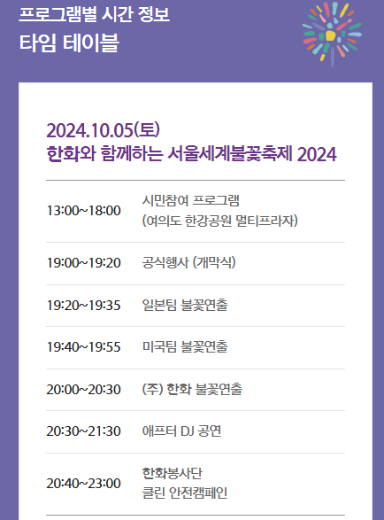 2024 서울 세계 불꽃축제 프로그램 일정 시간표