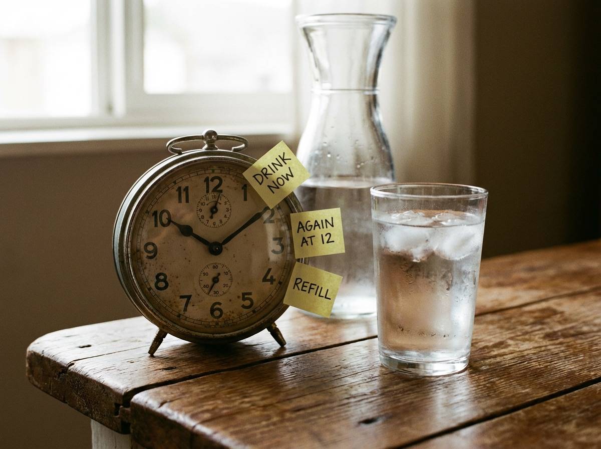 시계와 물잔이 나란히 놓여 있어 시간 간격을 두고 물을 마셔야 함을 강조하는 정물 사진