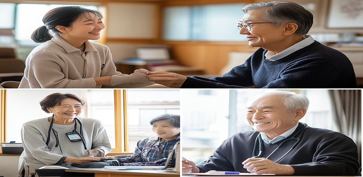 한국인 여성 요양보호사가 밝은 거실에서 노인을 부축하는 장면