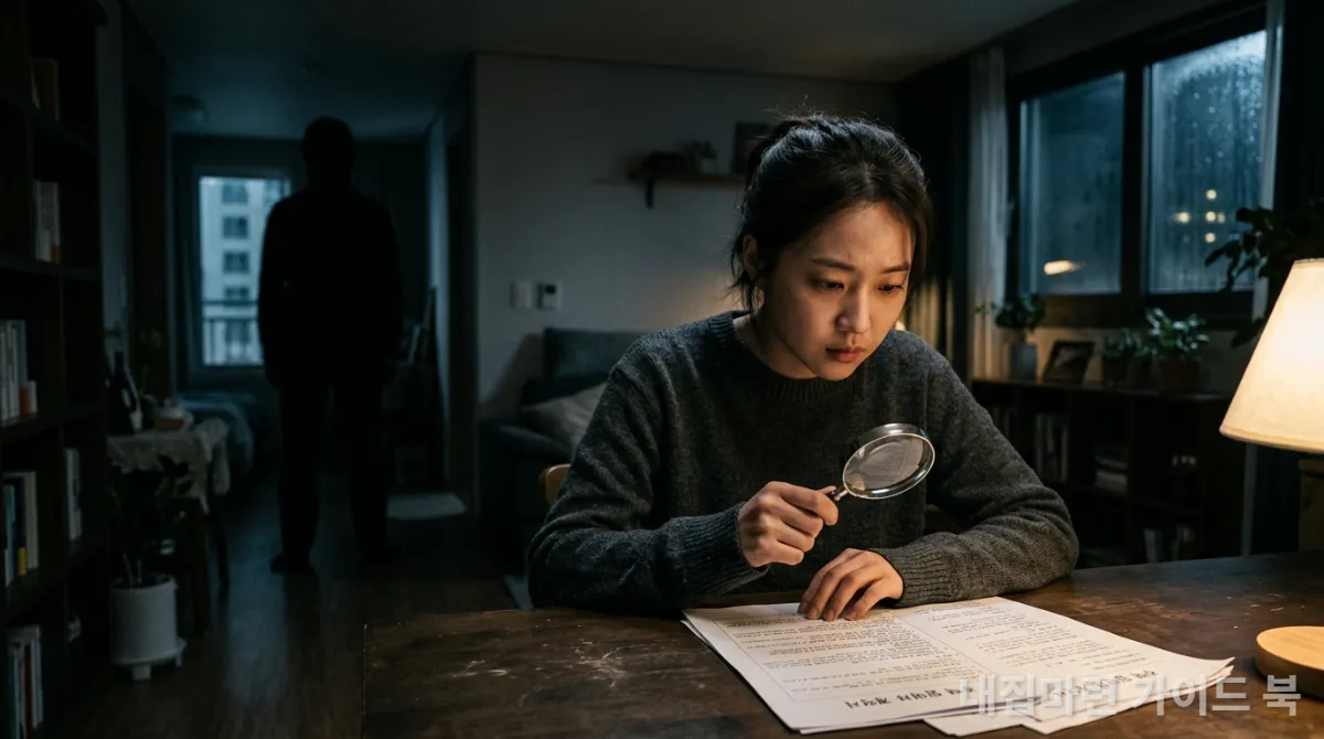 전세 계약서를 꼼꼼히 확인하며 전세 사기를 예방하려는 한국 여성의 모습