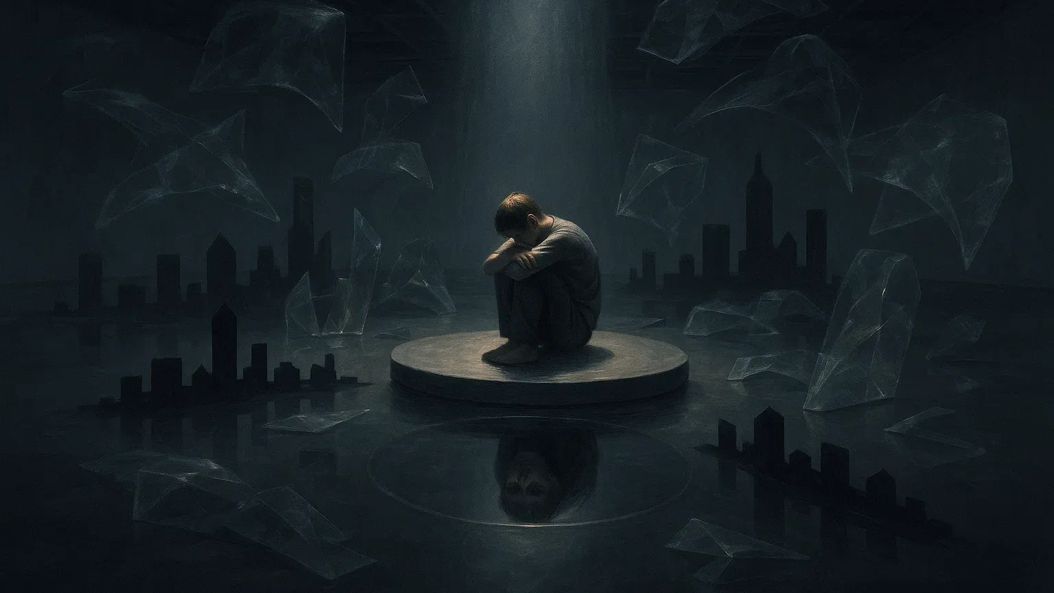 혼란스러운 현대 사회 속에서 방향을 잃고 고민하는 사람이 내면을 들여다보며 자각하는 모습