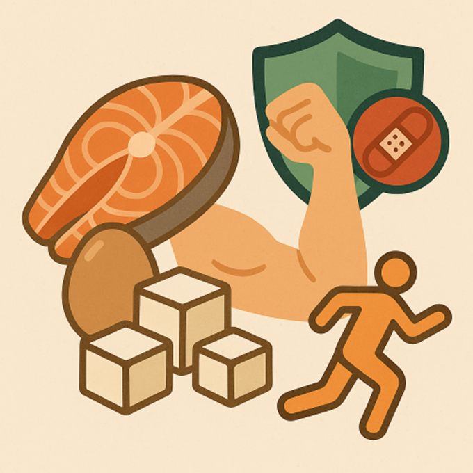 스포츠 부상 회복을 위한 단백질 식품과 운동 아이콘이 결합된 일러스트