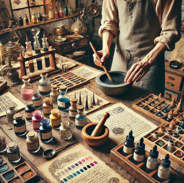 안료를 갈아 잉크를 만드는 작업 공간