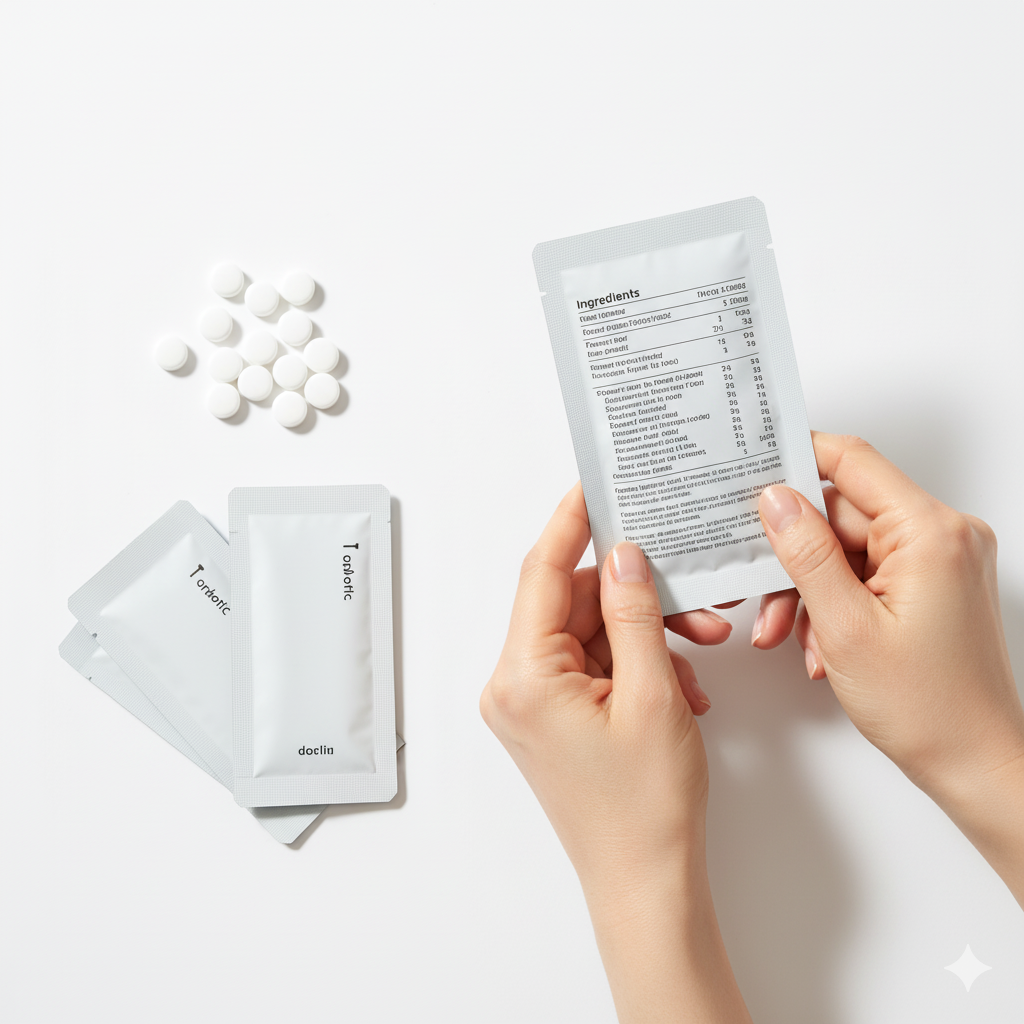 구강 유산균 제품들의 성분표를 꼼꼼히 확인하는 중년 여성의 손.