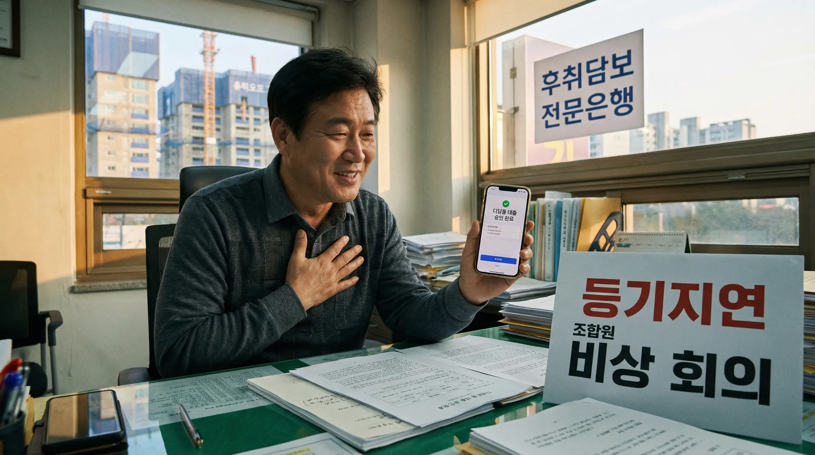 등기 지연으로 고민하는 지주택 조합원이 후취 담보 제도를 통해 디딤돌 대출을 신청하고 안도하는 모습