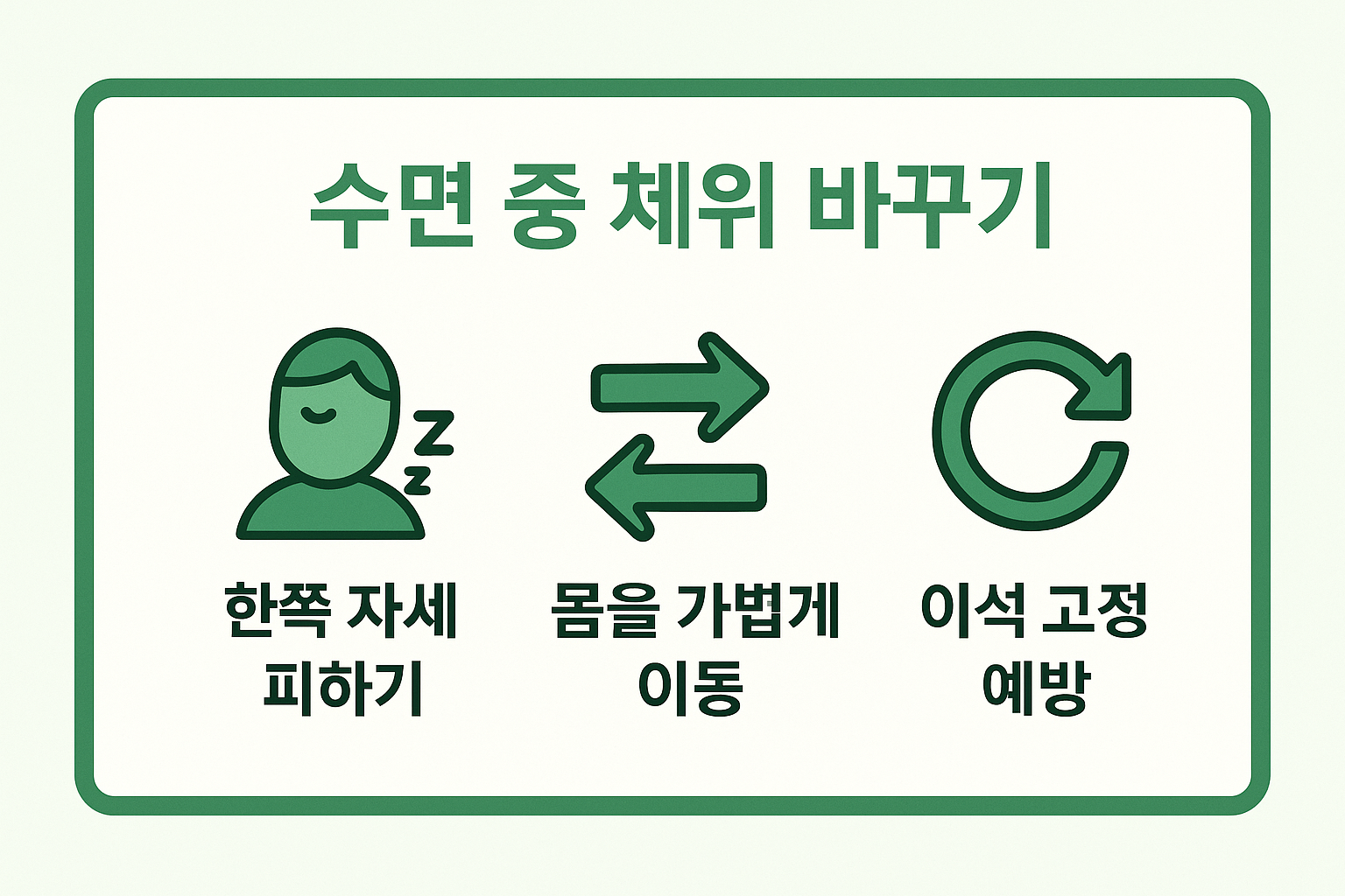 이석증 예방을 위해 한쪽 자세를 피하고 수면 중 몸을 가볍게 이동시켜 이석 고정을 막는 수면 습관을 표현한 인포그래픽