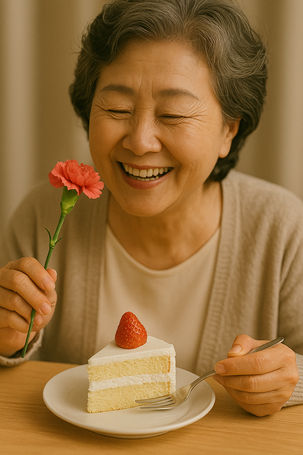 꽃 한 송이와 케이크 한 조각으로 부모님의 미소