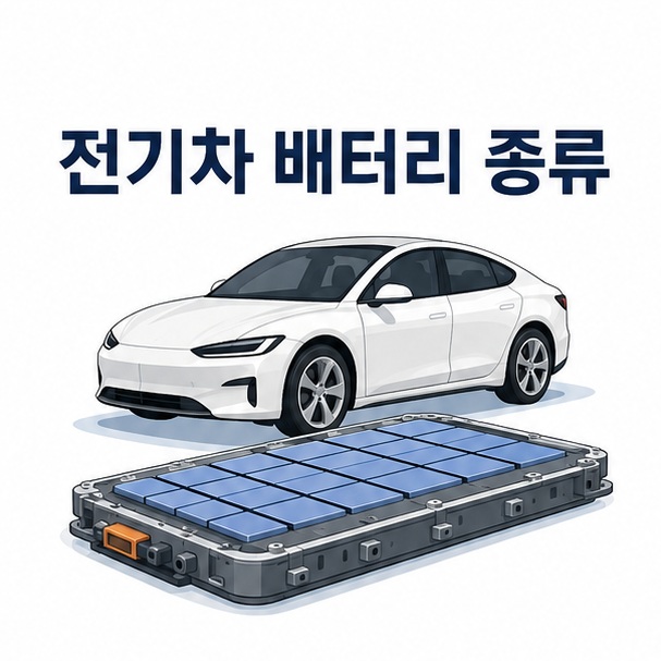 전기차와 차량 바닥의 배터리팩을 함께 배치해 전기차 배터리 종류를 설명하는 대표 이미지