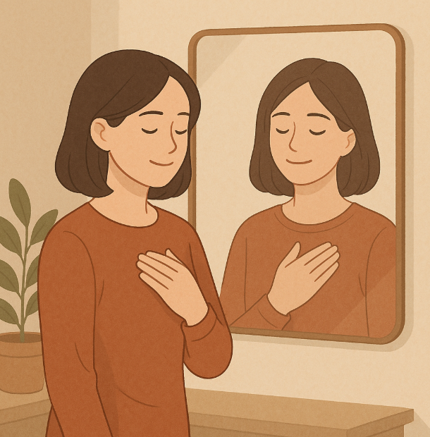 거울 앞에서 스스로 위로 하고 있는 모습 사진