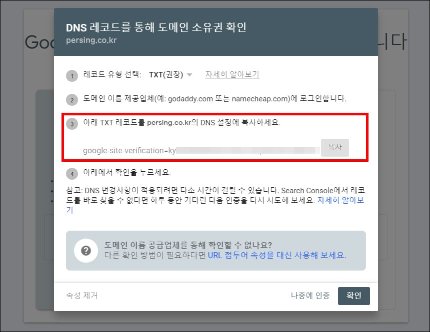 도메인 소유권 확인 화면