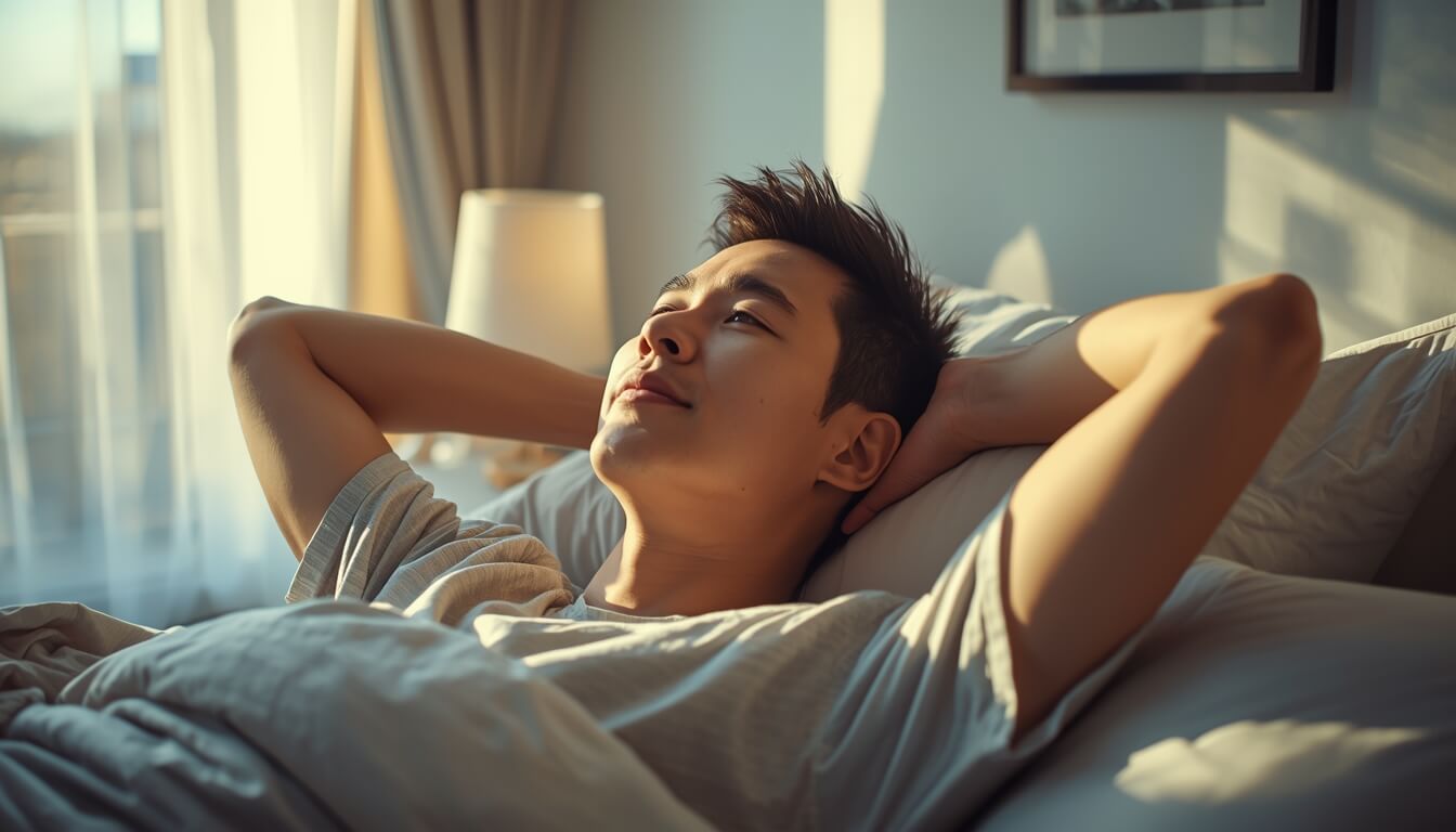 아침 6시에 개운하게 일어나 기지개를 켜는 남성의 모습