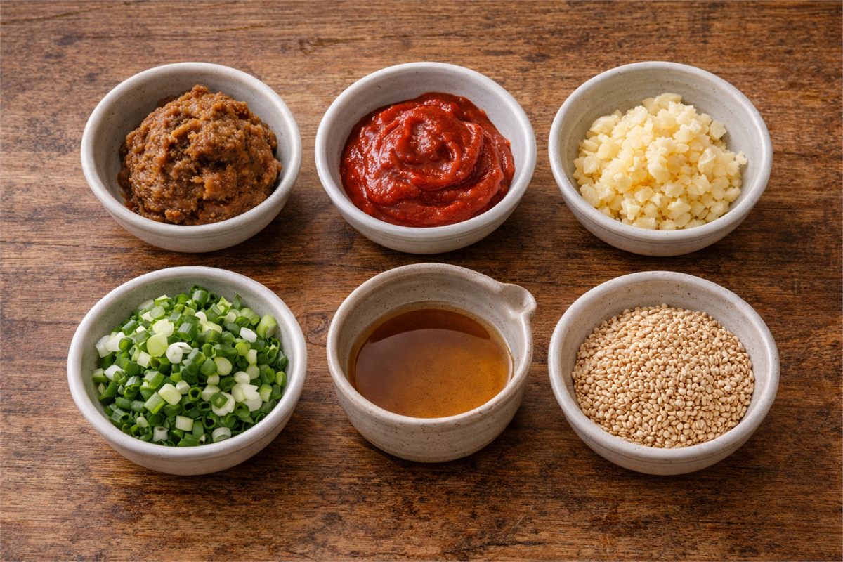 된장 고추장 마늘 참기름 등을 소량씩 담아 둔 양념 구성 