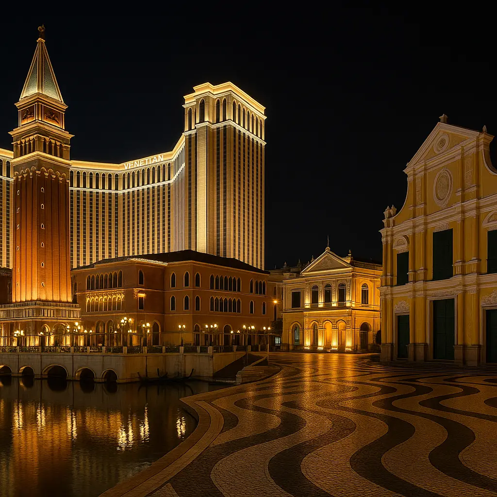 마카오 베네시안 리조트와 세나도 광장의 야경 전경