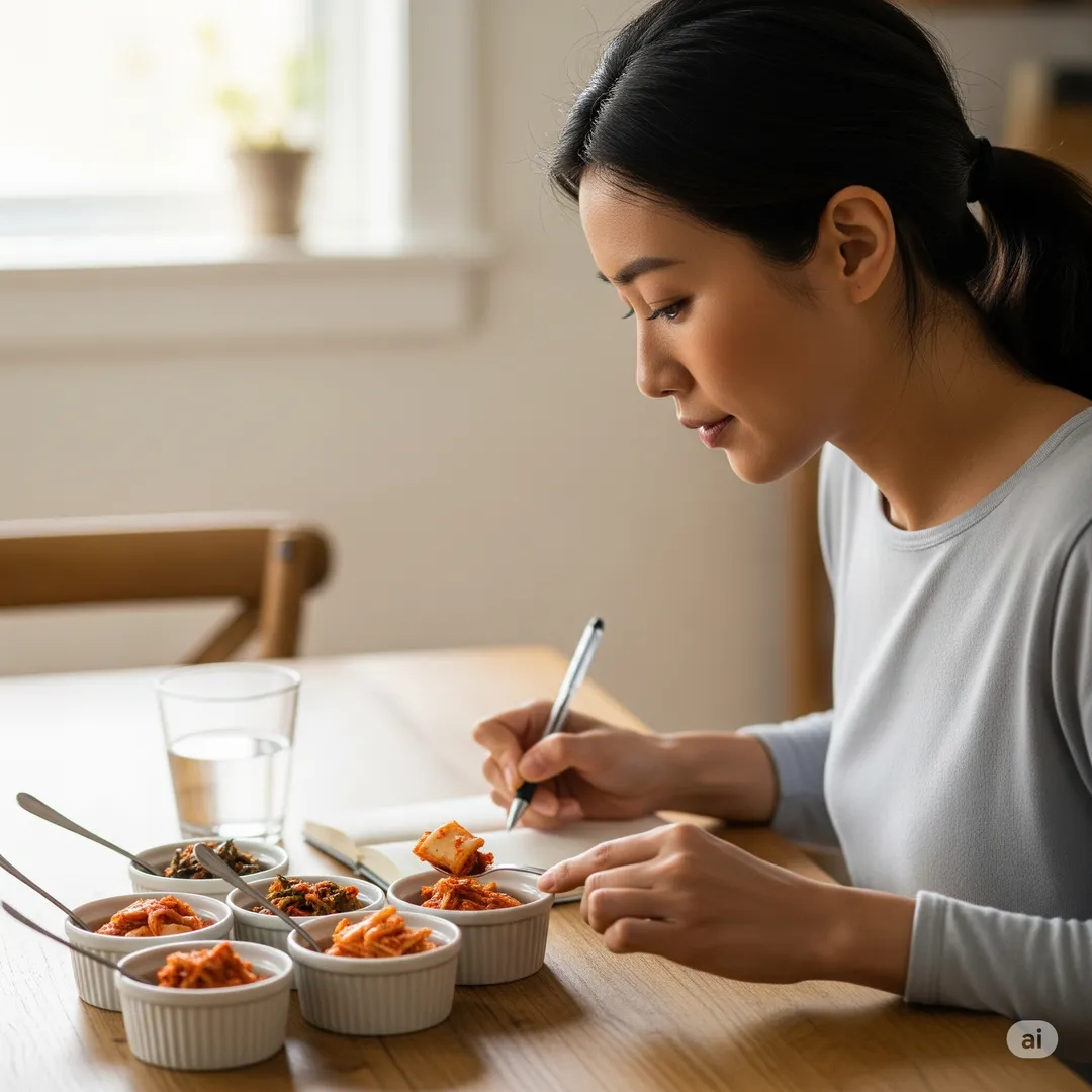 집에서 김치 맛을 비교하며 메모하는 여성