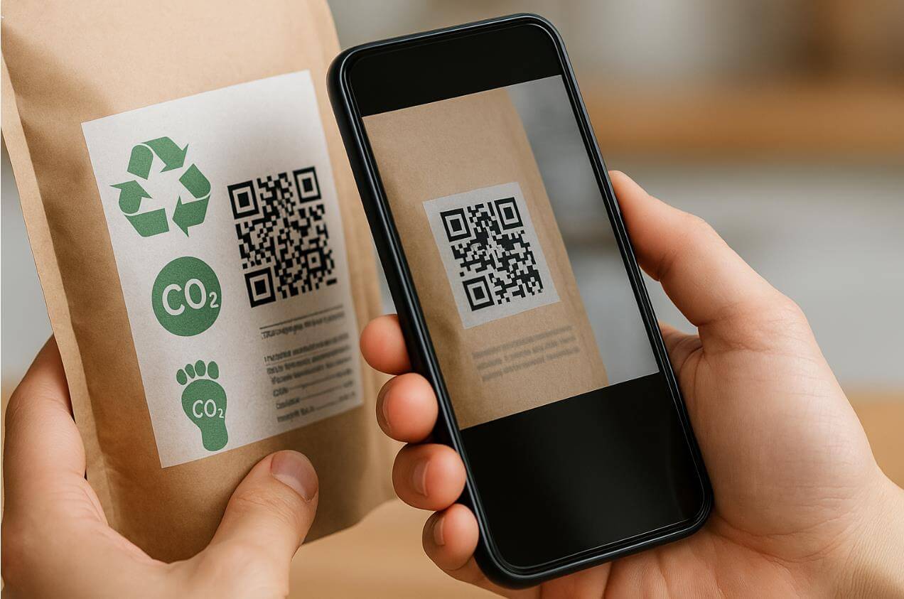 스마트폰으로 QR코드 식품 라벨을 스캔하는 모습.