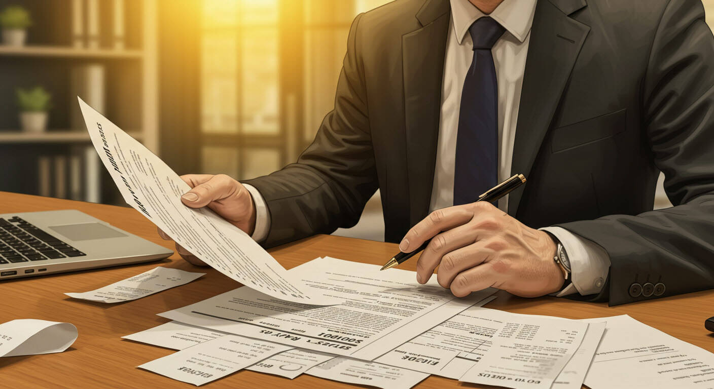 한 신사가 팬을 들고 있고 여러 종류의 서류들이 탁자위에 있다