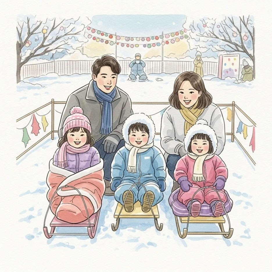눈썰매를 타는 아이들과 즐거운 가족