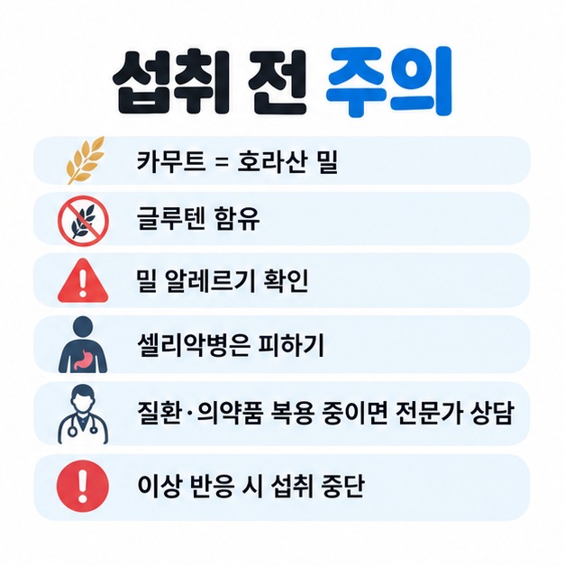 카무트에 글루텐이 포함되어 밀 알레르기와 셀리악병이 있는 경우 주의해야 함을 보여주는 카드뉴스