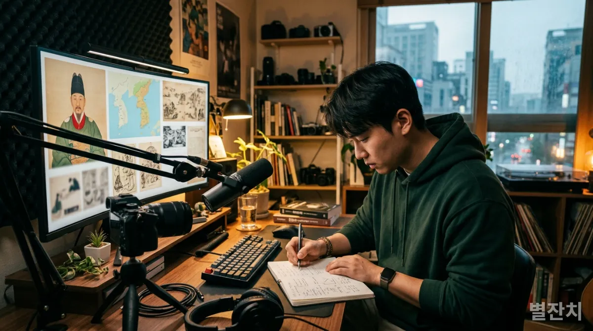 역사 콘텐츠를 제작하고 있는 젊은 한국 남성 크리에이터