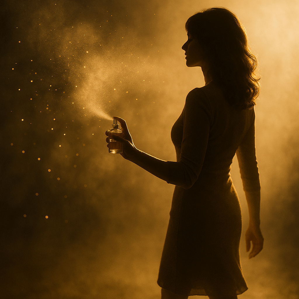 따뜻한 황금빛 조명이 비치는 공간에서 한 손에 향수병을 들고 손목에 향수를 뿌리는 젊은 여성의 실루엣. 주변에 퍼지는 향기 입자와 안개처럼 흐르는 향수 구름이 어우러져, 고요하면서도 우아한 분위기를 자아냄