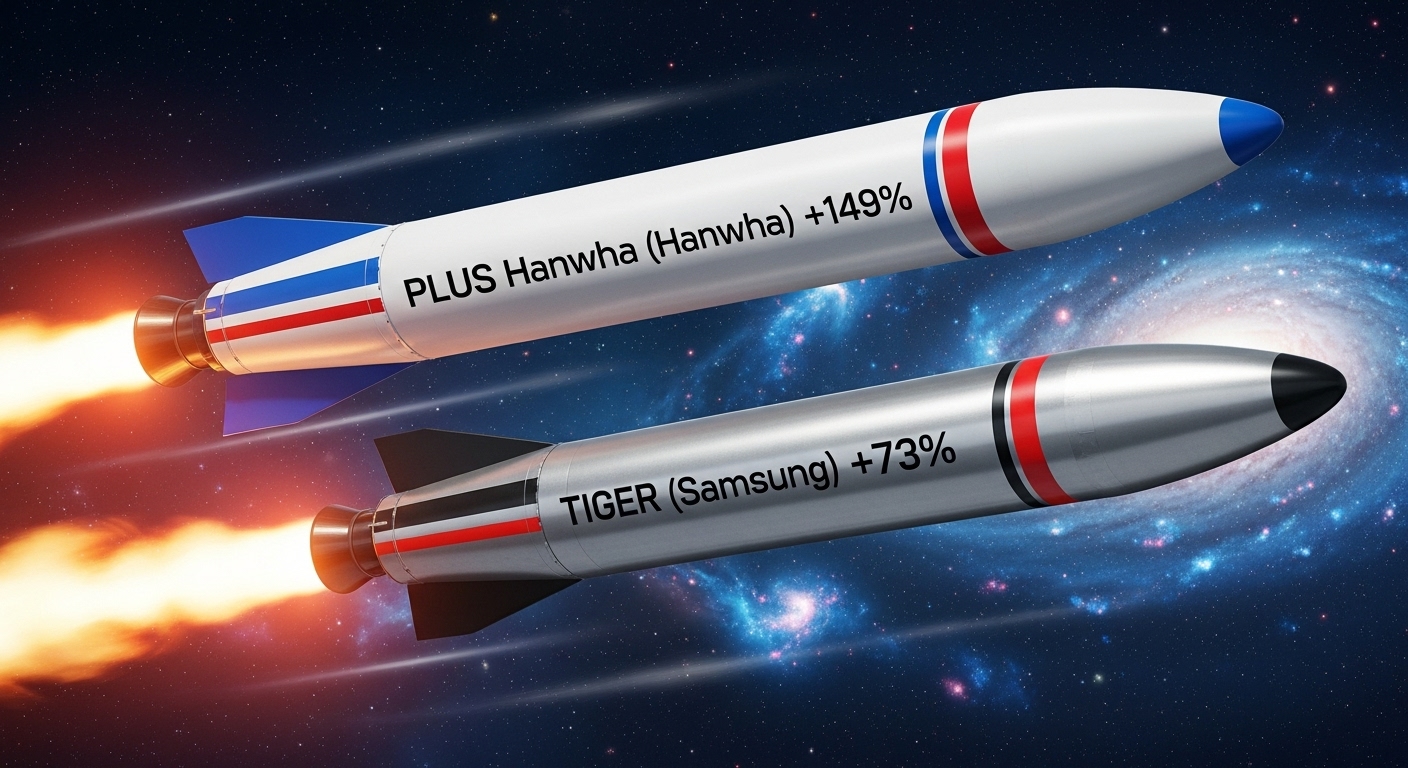 'PLUS 한화그룹주 +149%'라는 1등 로켓과, 'TIGER 삼성그룹 +73%'라는 2등 로켓이 수익률 경쟁을 하는 이미지