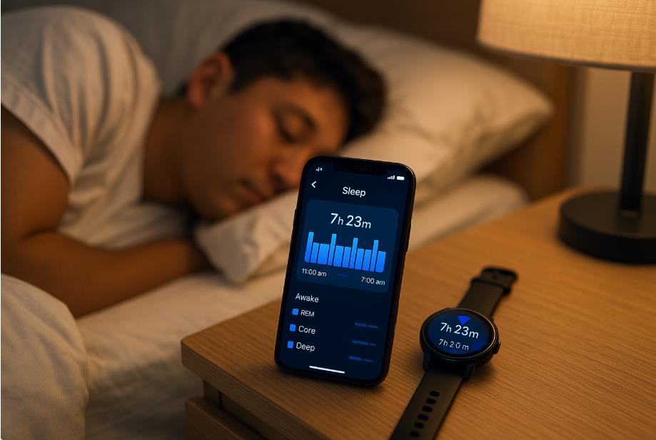 잠든 남성 옆 탁자에 스마트폰과 워치로 수면 데이터 표시