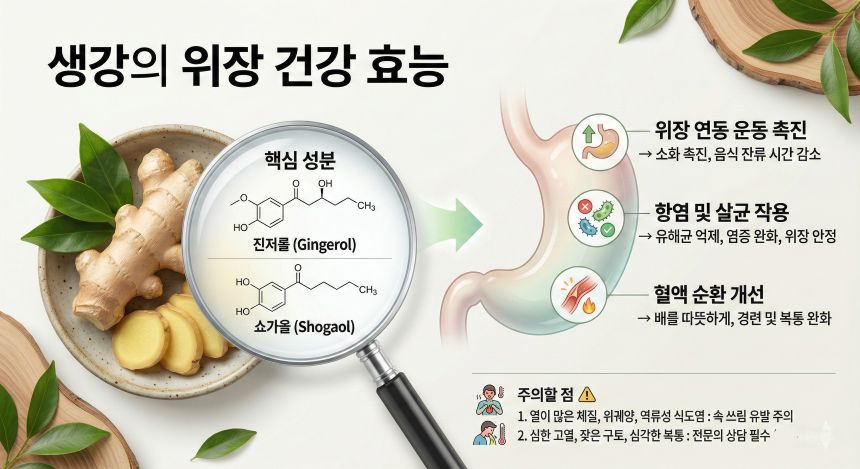생강의 진저롤과 쇼가올 성분이 위장 건강에 도움을 주는 모습