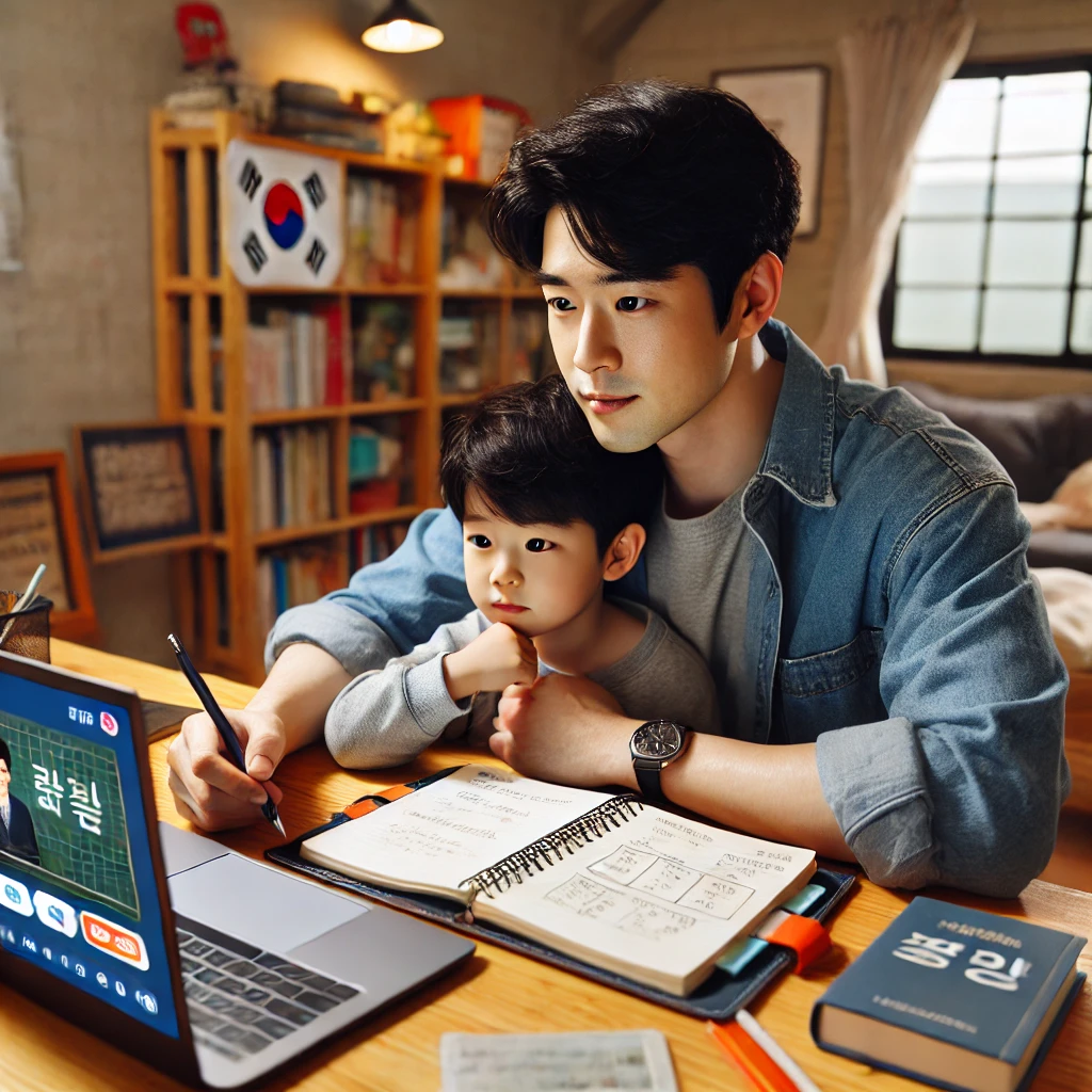 자녀와 함께 인터넷 강의를 듣는 30대 남성