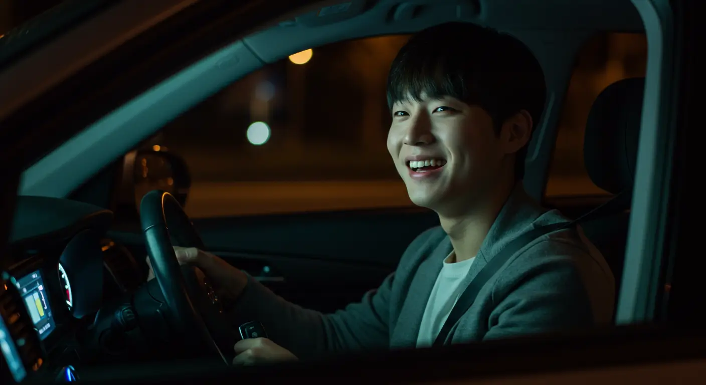 저신용자 중고차 대출에 성공하여, 차에 시동을 걸고 기뻐하는 한국인 남성의 모습