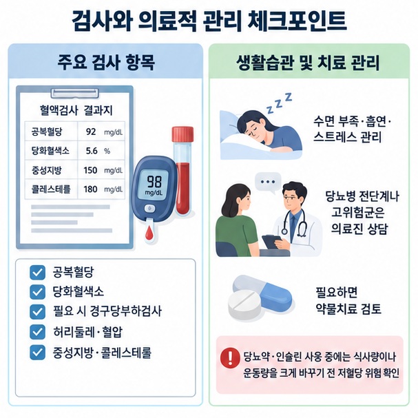 공복혈당 당화혈색소 혈압 지질검사와 수면 스트레스 약물치료 필요 여부를 확인하는 이미지