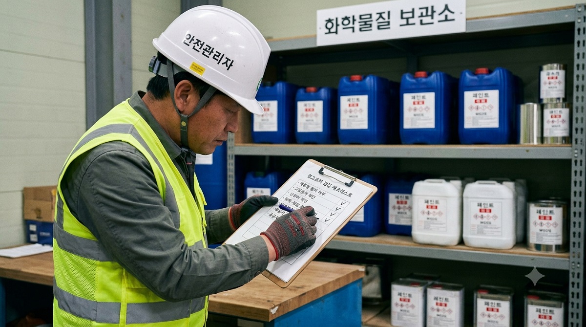 건설현장 안전관리자가 화학물질 경고표지를 점검하는 모습