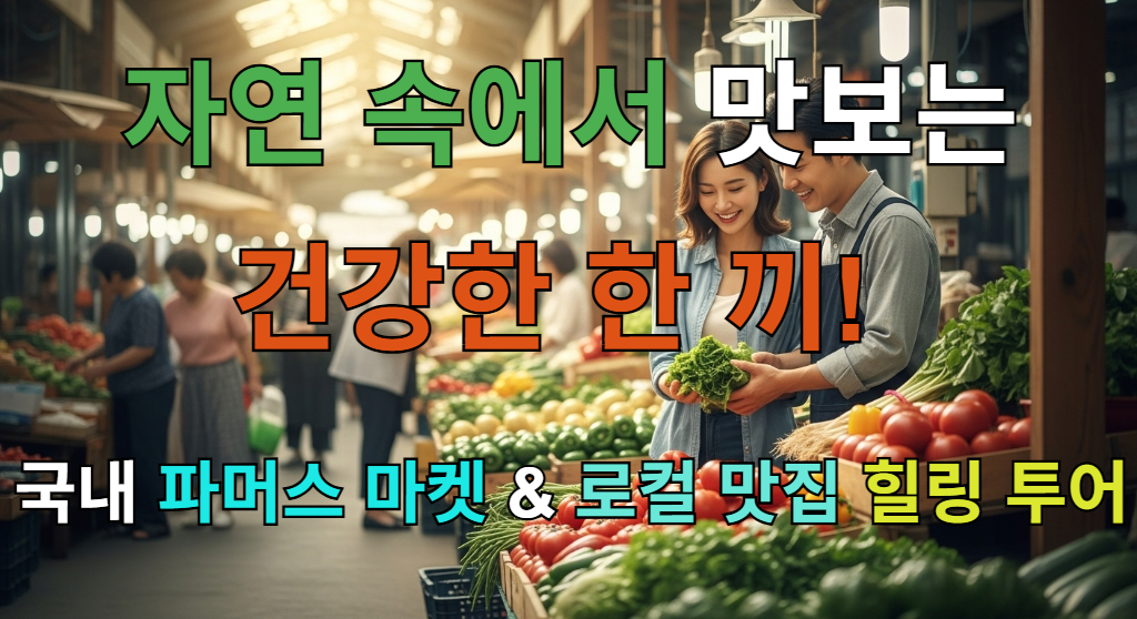 햇살 좋은 날, 한국의 한 파머스 마켓에서 젊은 커플이 신선하고 다채로운 채소를 구경하며 미소 짓고 있는 모습