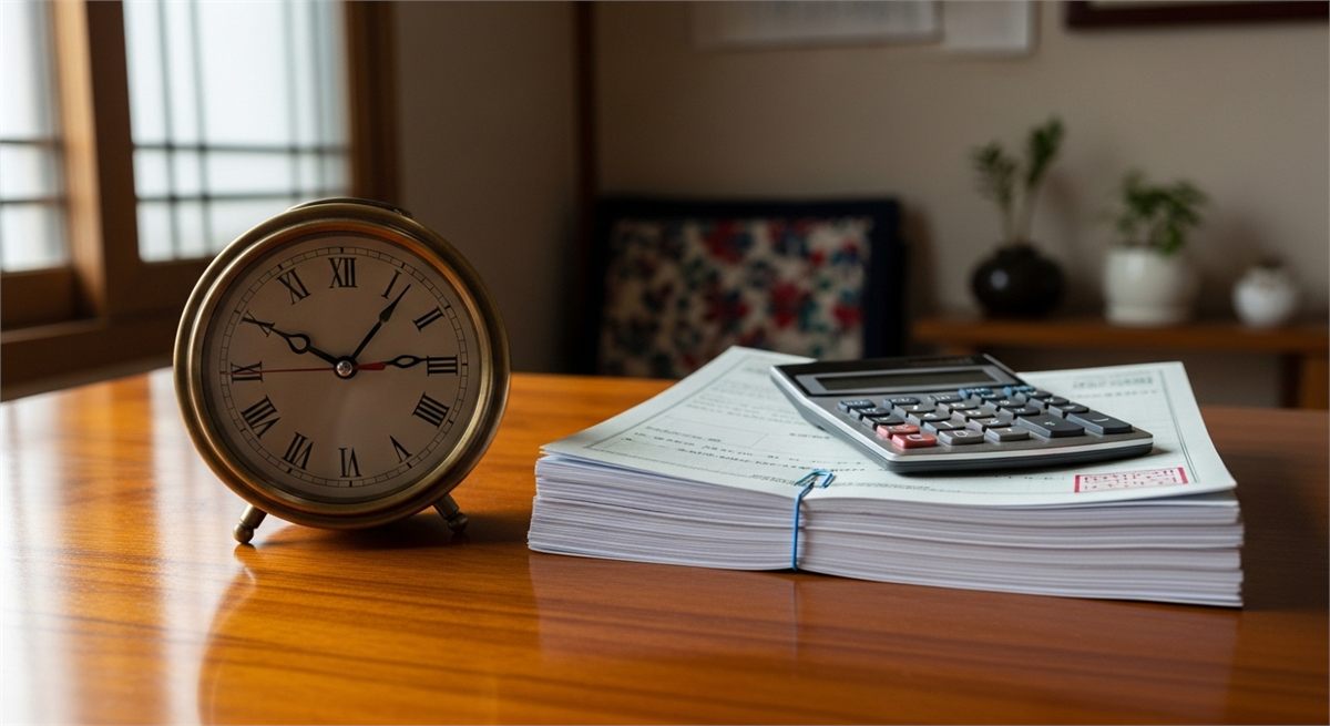  시계와 계산기&amp;#44; 연금 서류를 함께 놓은 노후 계획 정물 사진 