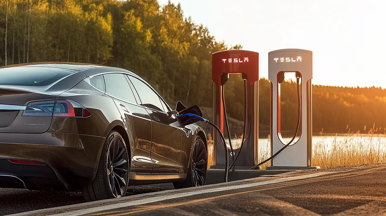 친환경적인 전기차가 지속 가능한 에너지로 충전되는 장면이 미래지향적이며 자연스러운 조명 속에 묘사되었습니다.