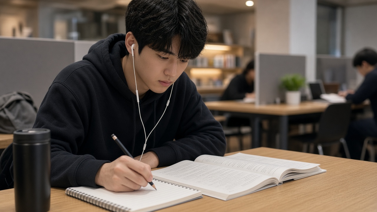 스터디카페에서 이어폰을 끼고 LC 문제를 푸는 20대 한국인 남성