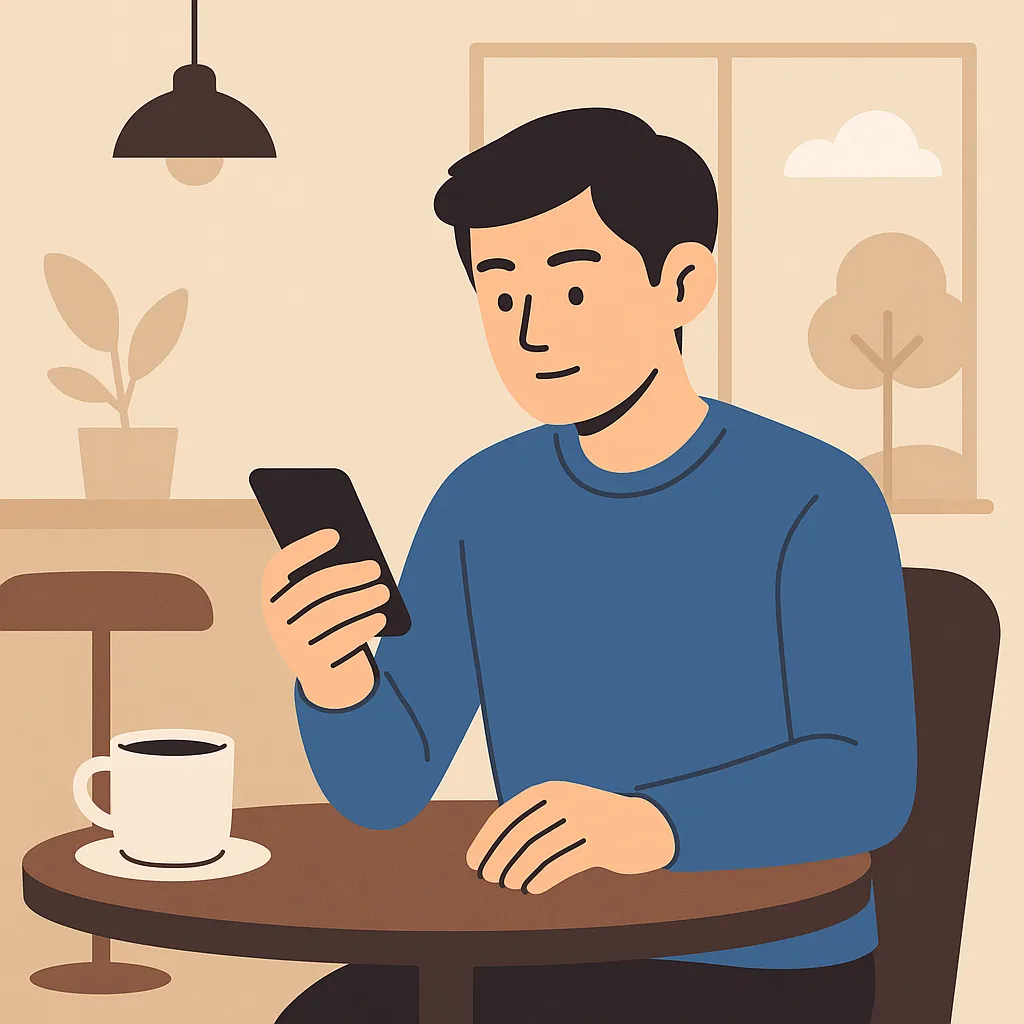 카페에서 스마트폰 알림을 확인하는 남성