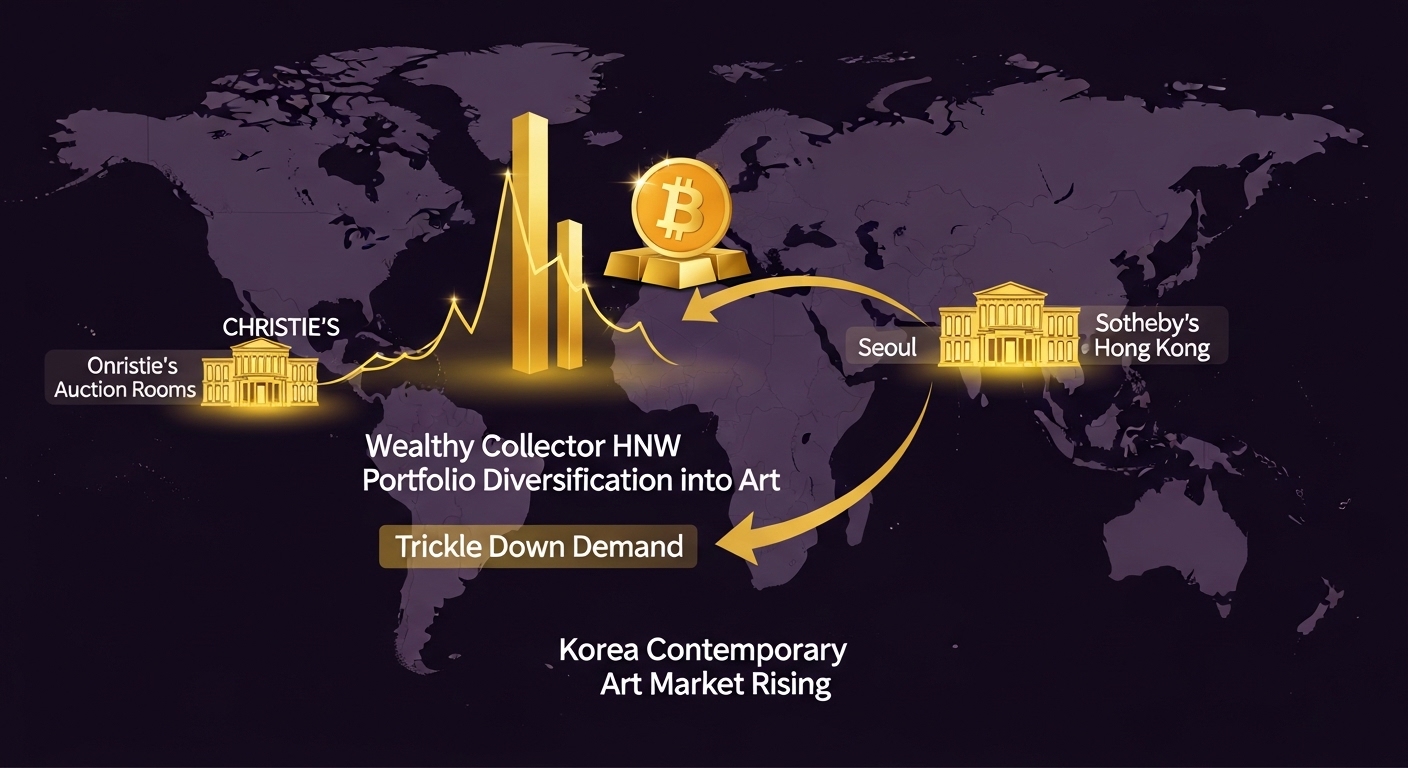 Global art market recovery 2026 signal map. World map dark purple. Gold Bitcoin price chart peak. Gold bar rising. Christie's Sotheby's Seoul Hong Kong auction rooms glowing. Arrow: wealthy collector HNW portfolio diversification into art. Trickle down demand Korea contemporary art market rising. English labels only.