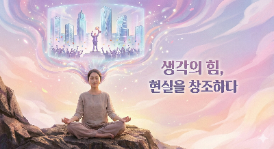 명상하는 사람의 머리 위로 성공한 미래가 홀로그램처럼 펼쳐지는 이미