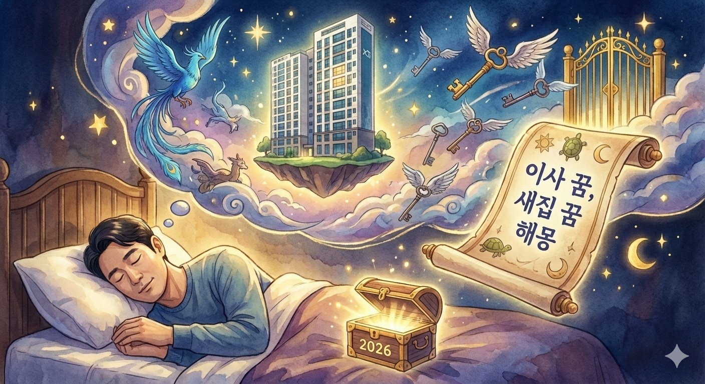 이사하는 꿈이나 새집 꿈의 신비로운 해몽을 표현한 삽화