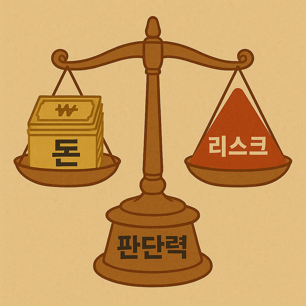 "코인 채굴의 수익과 리스크를 저울에 올려 놓은 일러스트"