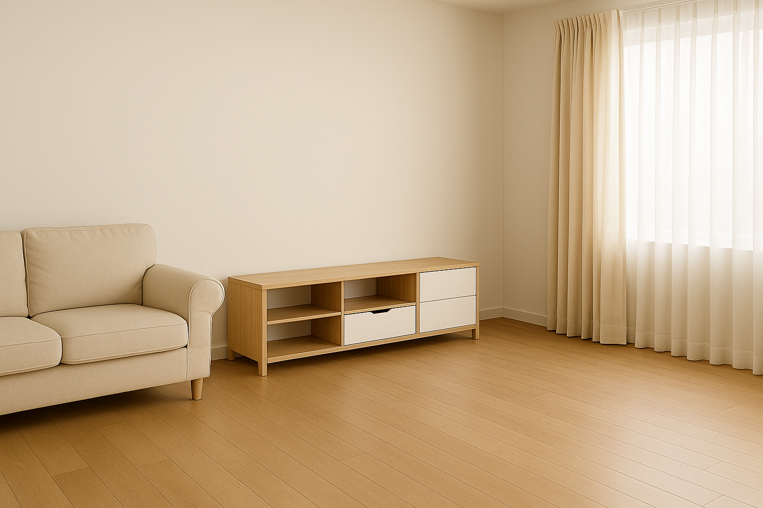 불필요한 가구와 물건을 비워 여유가 생긴 거실 모습