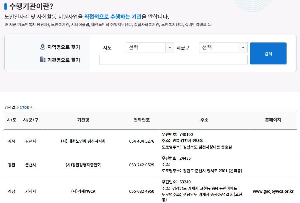 시니어 클럽, 노인복지관의 명단 검색