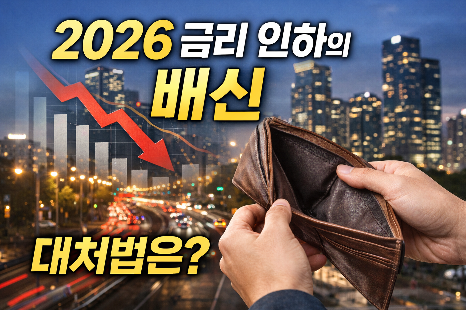 2026년 금리 인하와 함께 하락 그래프, 빈 지갑을 통해 실질임금 감소와 체감 월급 하락 문제를 표현한 이미지
