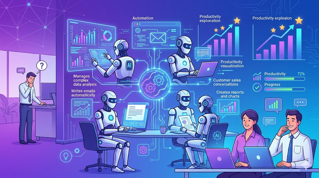 "2026년 AI 에이전트 트렌드: 자율 주행 AI 로봇의 업무 자동화(이메일, 데이터 분석)와 인간의 역할 변화를 보여주는 비즈니스 인포그래픽형 일러스트"