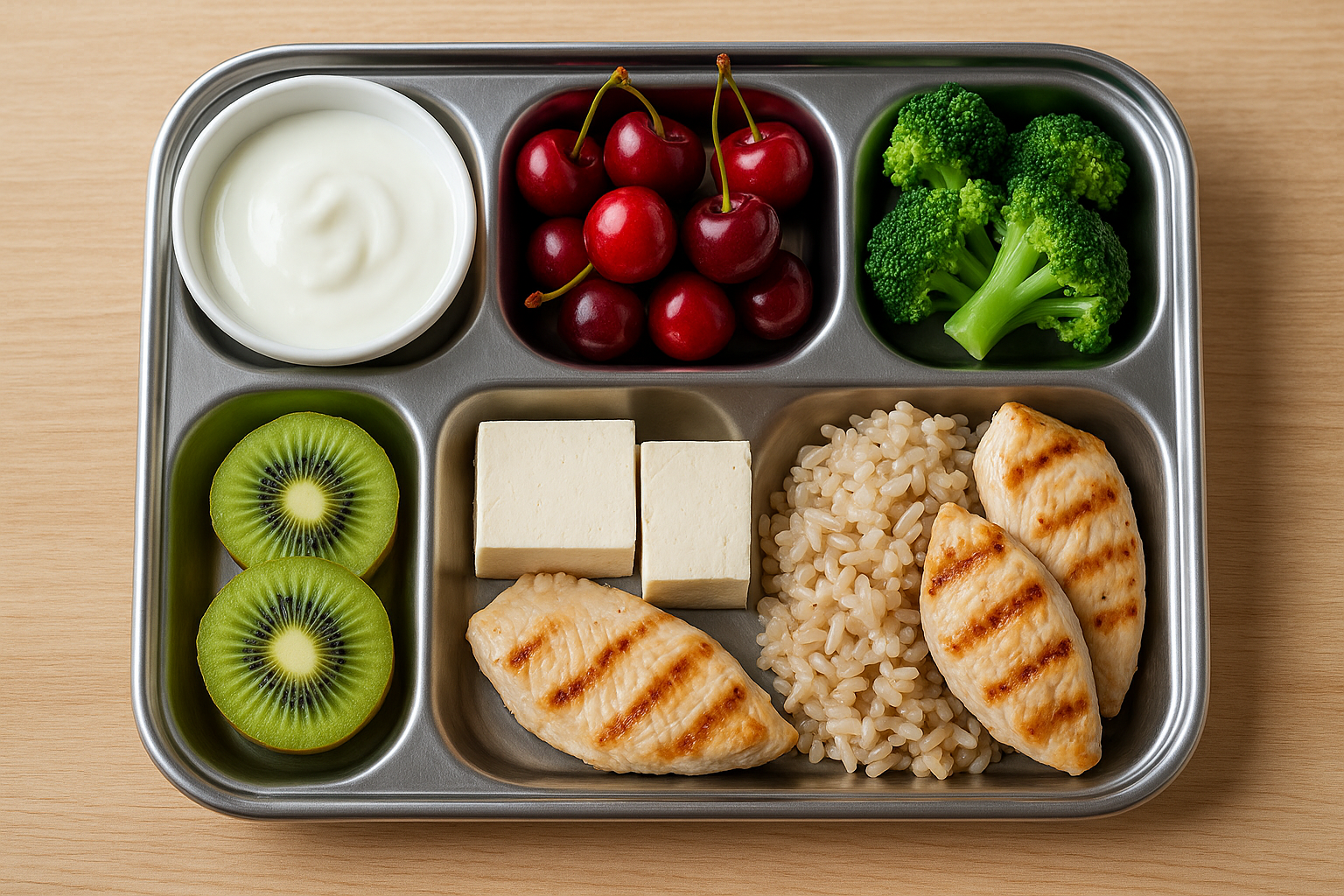 저퓨린 한국식 식단 식판 사진(요거트&middot;체리&middot;브로콜리&middot;키위&middot;두부&middot;현미&middot;닭가슴살)