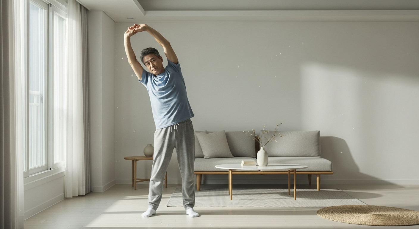 아침 빛 속 전신 스트레칭하는 50대 한국인 남성